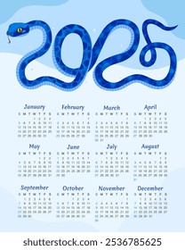 Calendar 2025. 12 months, starting from Sunday. New Year of the Snake. Cute blue snake in the shape of the number 2025, light blue background. Zodiac animal cartoon character.