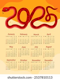 Calendar 2025. 12 months, starting from Sunday. New Year of the Snake. Red snake in the shape of the number 2025, yellow and orange background. Zodiac animal cartoon character.