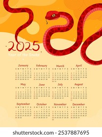 Calendar 2025. 12 months, starting from Sunday. New Year of the Snake. Lunar New Year or Chinese New Year. Red curved snake and full moon on a yellow background. Zodiac animal cartoon character.