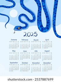 Calendar 2025. 12 months, starting from Sunday. New Year of the Snake. Lunar New Year or Chinese New Year. Blue curved snake and full moon on a light blue background. Zodiac animal cartoon character.