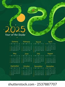 Calendar 2025. 12 months, starting from Sunday. New Year of the Snake. Lunar New Year or Chinese New Year. Green curved snake and full moon on a dark green background. Zodiac animal cartoon character.