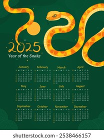 Calendar 2025. 12 months, starting from Sunday. New Year of the Snake. Lunar New Year or Chinese New Year. Yellow curved snake and full moon on dark green background. Zodiac animal cartoon character.