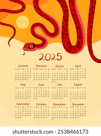 Calendar 2025. 12 months, starting from Sunday. New Year of the Snake. Lunar New Year or Chinese New Year. Red curved snake and full moon on a yellow background. Zodiac animal cartoon character.