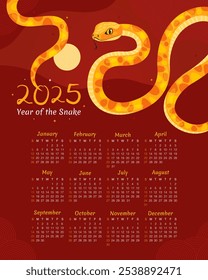 Calendar 2025. 12 months, starting from Sunday. New Year of the Snake. Lunar New Year or Chinese New Year. Yellow curved snake and full moon on a red background. Zodiac animal cartoon character.