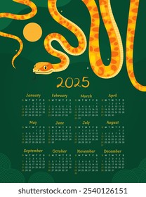 Calendar 2025. 12 months, starting from Sunday. New Year of the Snake. Lunar New Year or Chinese New Year. Yellow curved snake and full moon on a green background. Zodiac animal cartoon character.