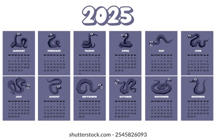 calendar for 2025. 12 months, starting on Sunday. New Year of the Snake. Lunar New Year or Chinese New Year. blue curved snake and full moon on a light blue background. character about zodiac animals.