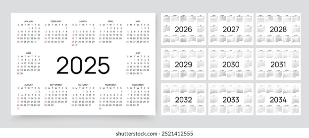 Calendar for 2025, 2026, 2027, 2028, 2029, 2030, 2031, 2032, 2033, 2034 years. Calender templates. Week starts Sunday. Planner layout with 12 months. Yearly diary in English. Vector illustration