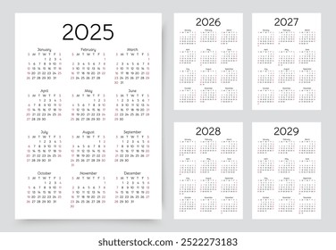 Calendario para 2025, 2026, 2027, 2028, 2029 años. Plantilla de calendario. La semana comienza el domingo. Organizador con 12 meses en inglés. Diseño del programador. Planificador simple. Orientación de retrato. Ilustración vectorial