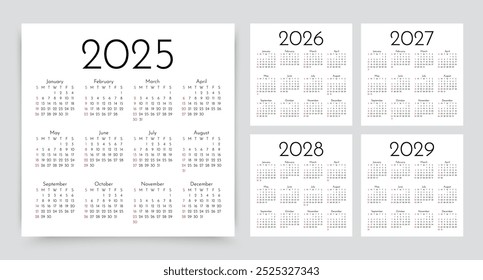 Calendar for 2025, 2026, 2027, 2028 2029 years. Calender templates. Week starts Sunday. Desk planner layout. Yearly organizer. Grid with 12 month in English. Vector illustration. Square simple design.