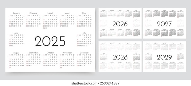 Kalender für 2025, 2026, 2027, 2028, 2029 Jahre. Kalendervorlagen. Die Woche beginnt am Sonntag. Tischplaner-Gitter. Planer-Layout mit 12 Monaten. Jährliches Tagebuch auf Englisch. Vektorgrafik. Papierformat A4