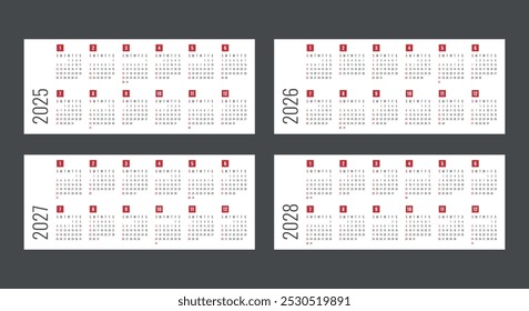 calendário para 2025 2026 2027 2028 começa domingo, projeto de calendário vetorial