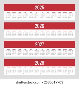 calendar for 2025 2026 2027 2028 starts sunday, vector calendar design
