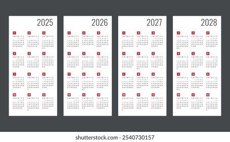 Calendario 2025 2026 2027 2028 comienza el domingo, Vector Calendario Diseño