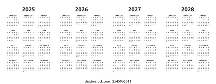 Calendar 2025, 2026, 2027, 2028 years. Week starts Sunday. Simple calender layout. Desk planner template with 12 months. Yearly diary