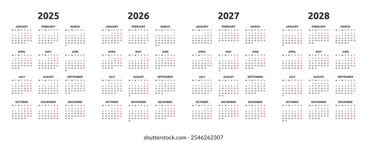 Calendar 2025, 2026, 2027, 2028 years. Monday first, two weekends. Simple calender layout. Desk planner template with 12 months. Yearly diary
