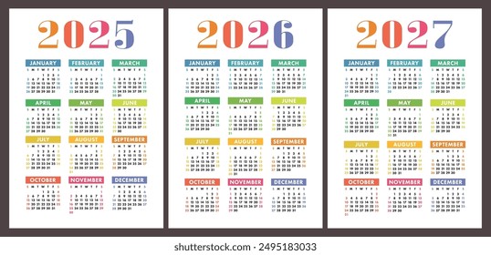 Calendar 2025, 2026 and 2027. English vector colorful set. Vertical wall or pocket calender template. Design collection. New year. Week starts on Sunday