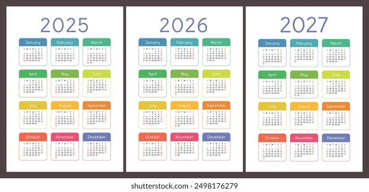 Calendar 2025, 2026 and 2027. English vector colorful set. Vertical wall or pocket calender template. Design collection. New year. Week starts on Sunday