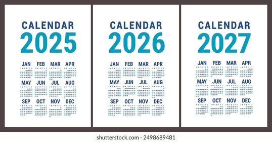 Calendar 2025, 2026 and 2027. English vector set. Vertical wall or pocket calender template. Design collection. New year. Week starts on Sunday