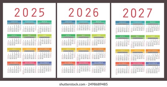 Calendar 2025, 2026 and 2027. English vector colorful set. Vertical wall or pocket calender template. Design collection. New year. Week starts on Sunday