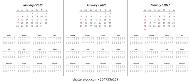 Calendario 2025, calendario 2026, calendario 2027 en inglés inicio de la semana Domingo Plantilla de planificador de diseño corporativo