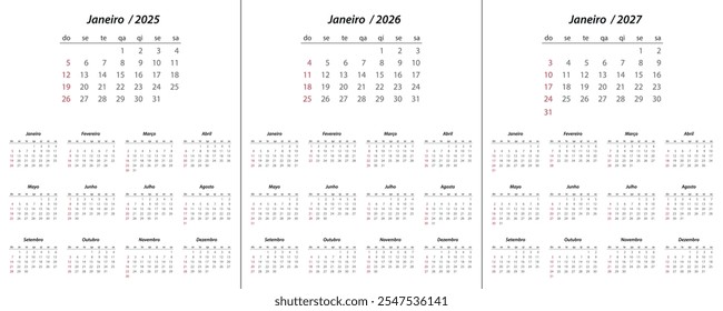 Calendar 2025, calendar 2026, calendar 2027 on portuguese language week start Sunday corporate design planner template