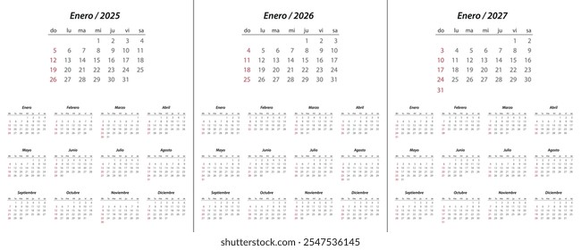 Calendario 2025, calendario 2026, calendario 2027 en español inicio de semana domingo Plantilla de planificador de diseño corporativo