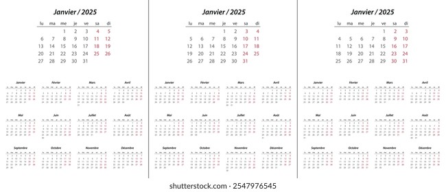 Calendar 2025, calendar 2026, calendar 2027 on french language week start Monday corporate design planner template