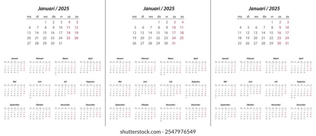 Calendar 2025, calendar 2026, calendar 2027 on Dutch language week start Monday corporate design planner template