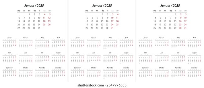 Calendar 2025, calendar 2026, calendar 2027 on German language week start Monday corporate design planner template