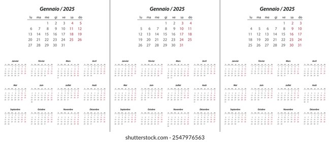 Calendar 2025, calendar 2026, calendar 2027 on Italian language week start Monday corporate design planner template