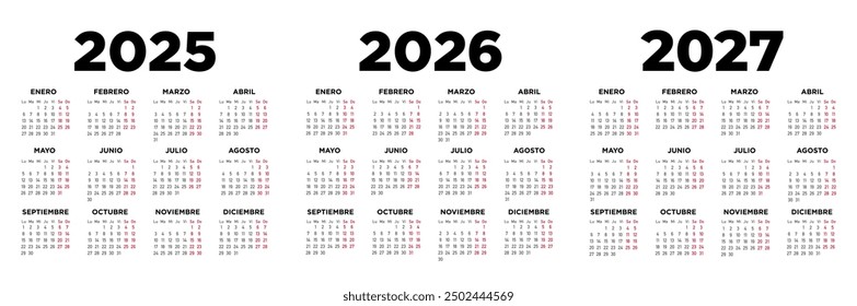 Calendar 2025, 2026 and 2027 in spanish. Week starts on Monday. Illustration minimal.