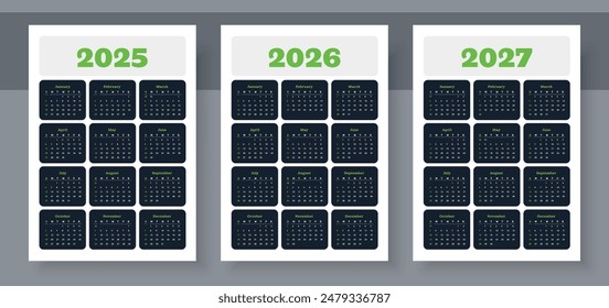 Calendar 2025, calendar 2026 and calendar 2027. The week starts on Sunday. Corporate design planner template. Pocket or wall formats. Organizer in English.