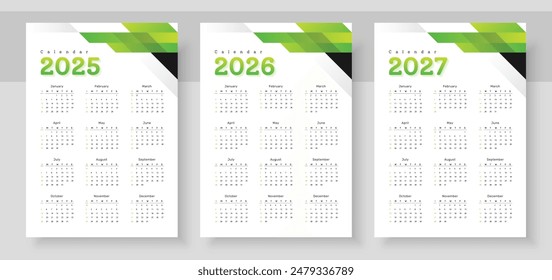 Calendar 2025, calendar 2026 and calendar 2027. The week starts on Sunday. Corporate design planner template. Pocket or wall formats. Organizer in English.