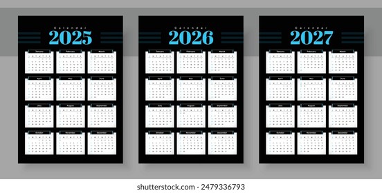 Calendar 2025, calendar 2026 and calendar 2027. The week starts on Sunday. Corporate design planner template. Pocket or wall formats. Organizer in English.