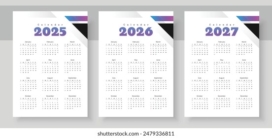 Calendar 2025, calendar 2026 and calendar 2027. The week starts on Sunday. Corporate design planner template. Pocket or wall formats. Organizer in English.