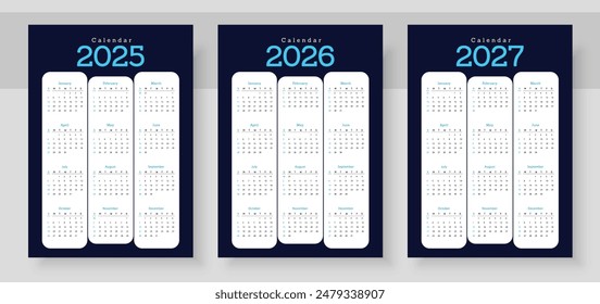 Calendar 2025, calendar 2026 and calendar 2027. Week start Sunday. Simple vertical calendar design template. Corporate design planner template. Organizer in English. Pocket or wall formats.