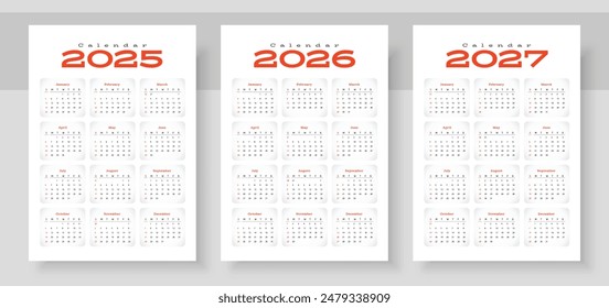Calendar 2025, calendar 2026 and calendar 2027. Week start Sunday. Simple vertical calendar design template. Corporate design planner template. Organizer in English. Pocket or wall formats.