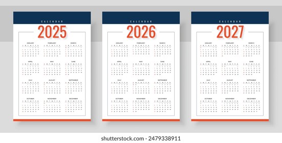 Calendar 2025, calendar 2026 and calendar 2027. Week start Sunday. Simple vertical calendar design template. Corporate design planner template. Organizer in English. Pocket or wall formats.