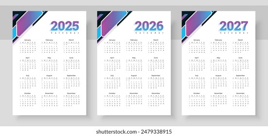 Calendario 2025, calendario 2026 y calendario 2027. La semana empieza el domingo. Plantilla de diseño de calendario de Vertical simple. Plantilla de planificador de diseño Corporativa. Organizador en inglés. Formatos de bolsillo o pared.