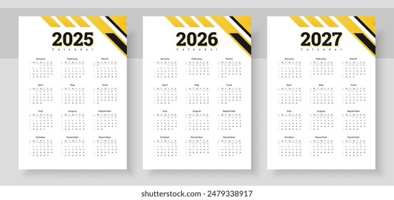 Kalender 2025, Kalender 2026 und Kalender 2027. Die Woche beginnt am Sonntag. Einfache Vorlage für vertikales Kalenderdesign. Corporate Sound Design Planner-Vorlage. Veranstalter auf Englisch. Taschen- oder Wandformate.