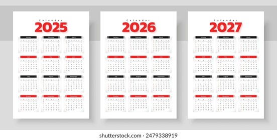 Calendar 2025, calendar 2026 and calendar 2027. Week start Sunday. Simple vertical calendar design template. Corporate design planner template. Organizer in English. Pocket or wall formats.