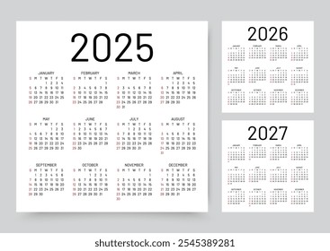 Calendário para 2025, 2026 e 2027 anos. Modelos de calendário. Layout do planejador de mesa. A semana começa domingo. Organizador anual. Grade com 12 meses em Inglês. Ilustração vetorial. Design simples quadrado.