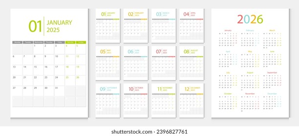 Calendario 2025, calendario 2026 semana inicio lunes planeamiento de plantilla de diseño corporativo vector.