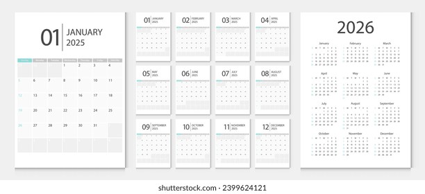 Calendar 2025, calendar 2026 week start Sunday corporate design template vector.