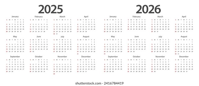 Calendar 2025, calendar 2026 week start Sunday corporate design planner template.