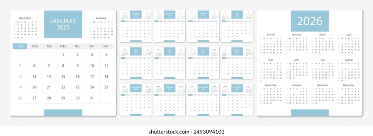 Calendar 2025, calendar 2026 week start Sunday corporate design template vector. Desk calendar 2025.