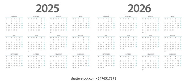 Calendar 2025, calendar 2026 week start Monday corporate design planner template.