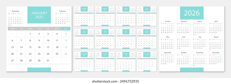 Calendar 2025, calendar 2026 week start Monday corporate design template vector. Desk calendar 2025.