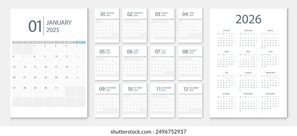 Calendario 2025, calendario 2026 inicio de semana Lunes Vector de Plantilla de diseño corporativo. Calendario 2025.