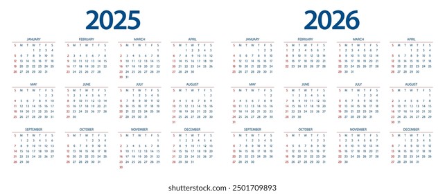 Calendar 2025, calendar 2026 week start Sunday corporate design planner template.